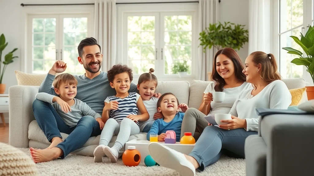 Happy family relaxing in Eustis FL living room after professional deep cleaning, showing clean carpets and tidy environment