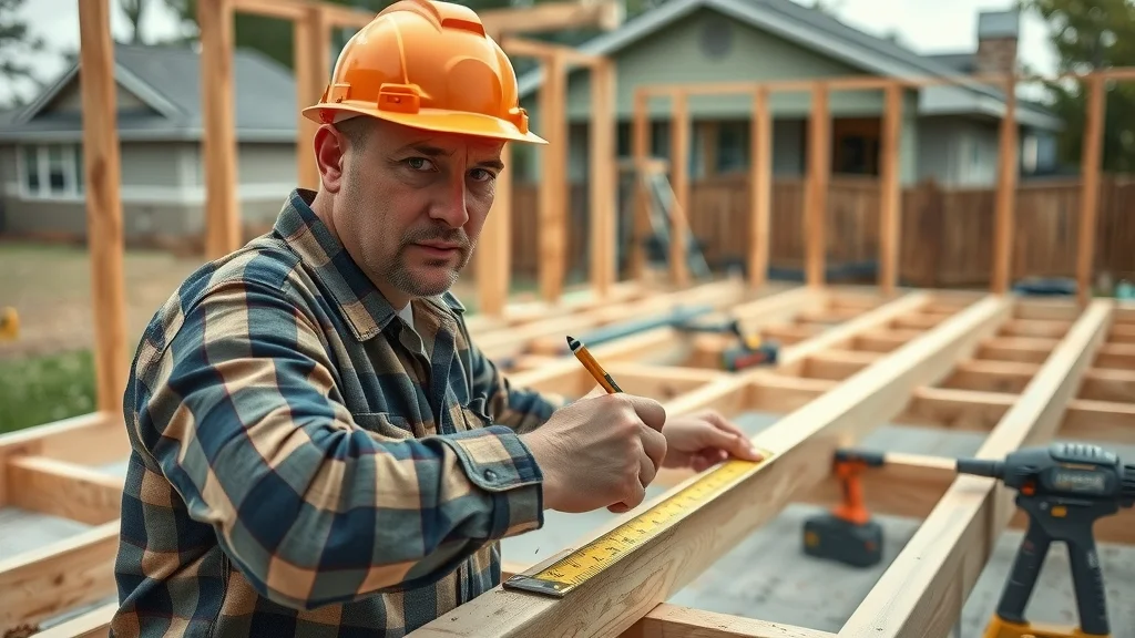 Contractor measuring lumber on a deck build in Eustis. Keywords: deck building, labor cost