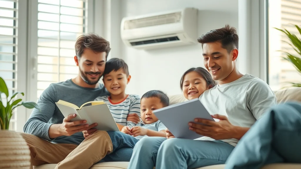 family with asthma enjoying safe air conditioning, allergen-free indoor air, photorealistic home