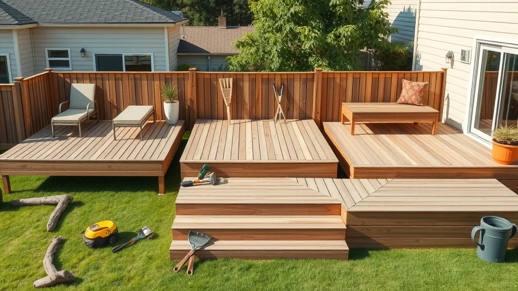 Modern selection of deck types including floating deck, platform deck, and multi-level yard deck, ideal for scalable cost-effective outdoor decks