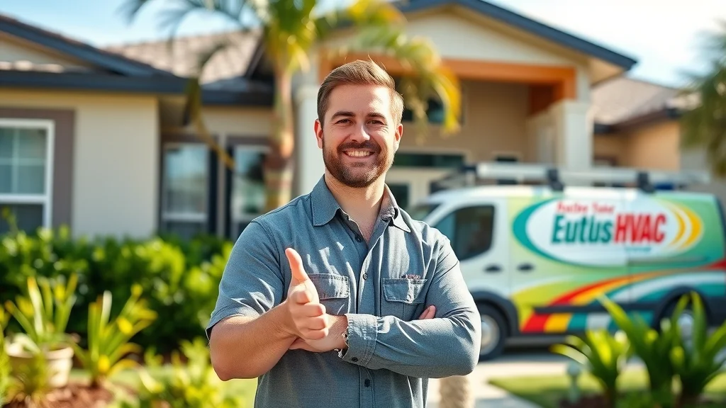 Friendly HVAC expert in Eustis ready to consult on energy efficient home air systems, standing in front of a modern Florida home with service van.