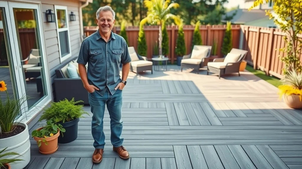 composite deck cost and benefits - smiling homeowner on a clean composite deck with stylish backyard setting