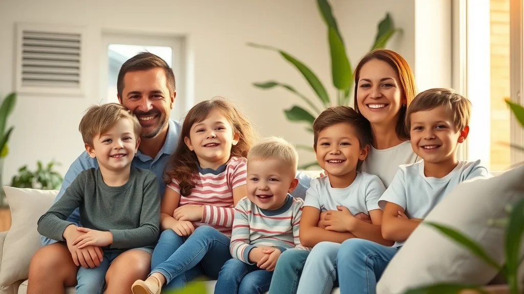 Happy family in modern living area enjoying asthma-friendly indoor environment with improved HVAC system