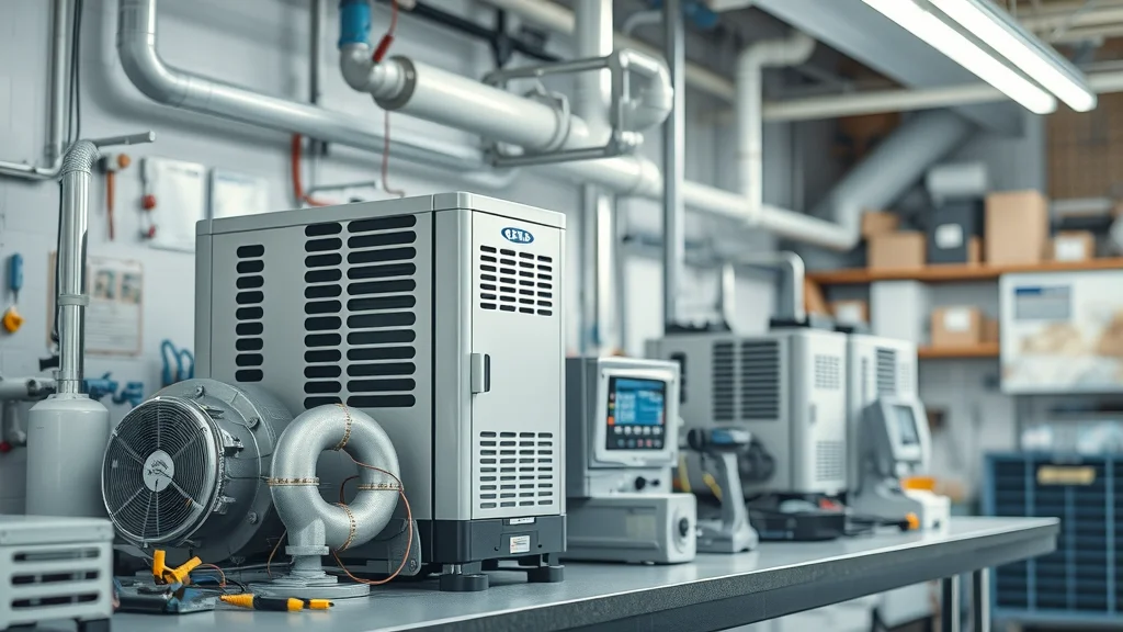 Clean, high-tech Eustis air conditioning system components on a technician's workbench. Digital controls, metallic parts, sharp detail, tools neatly arranged.
