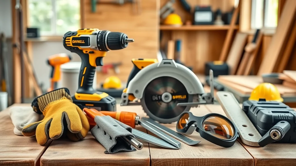 Organized deck building tools — Collection of essential tools neatly displayed on wood: drill, saw, gloves, eye protection in a bright, sunlit workshop.