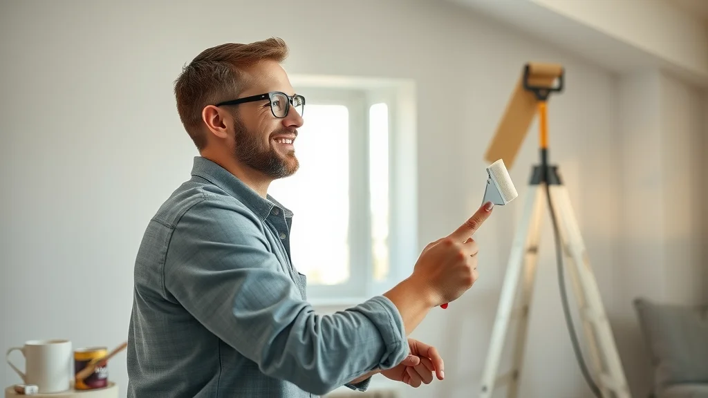 Professional painter applying paint on a wall in tidy, modern Eustis FL living room with natural light, visible paint supplies and detailed textures