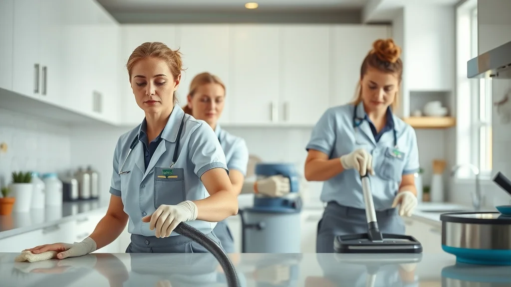 Professional residential cleaning team in Eustis actively cleaning a spacious modern kitchen, showing organized counters and efficient teamwork