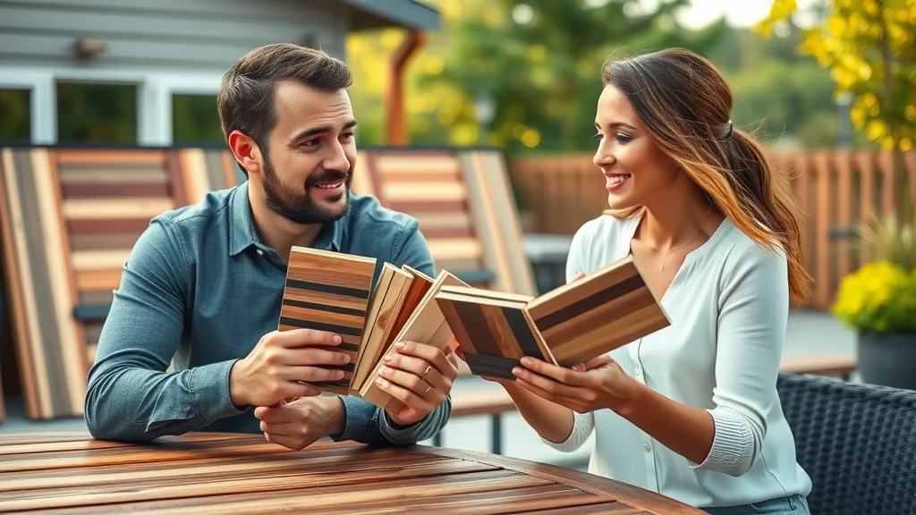Couple comparing wood and composite decking material samples for a deck build. Keywords: decking materials, composite deck, deck board
