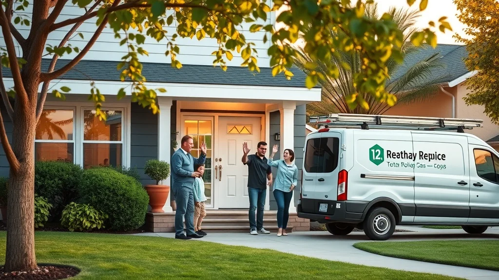 Modern suburban home exterior, emergency appliance repair Eustis van in driveway, family and technician at door, protecting home and finances