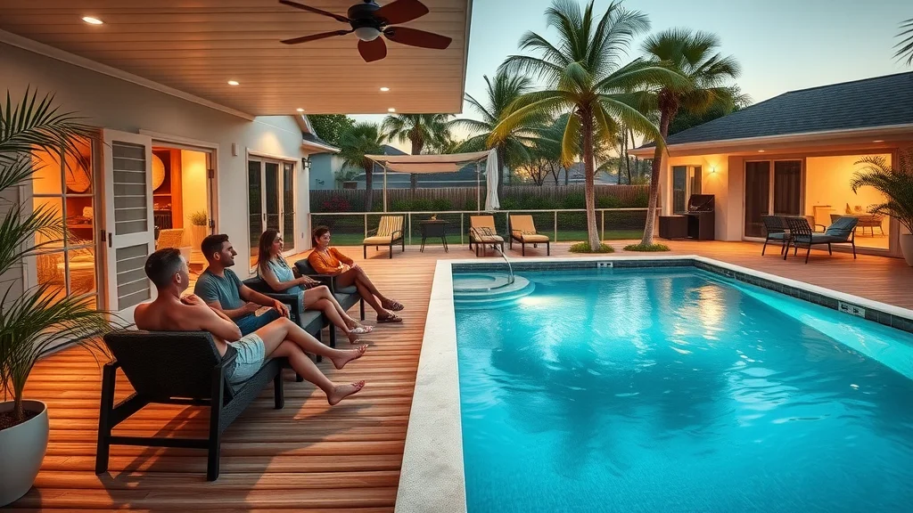 Contemporary Eustis pool deck with tropical landscaping, people entertaining and relaxing, highlighted for Florida outdoor living