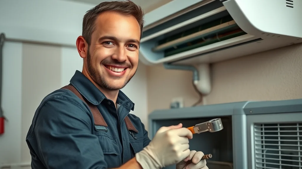 Professional HVAC technician in Florida performing routine AC maintenance in a well-lit utility room