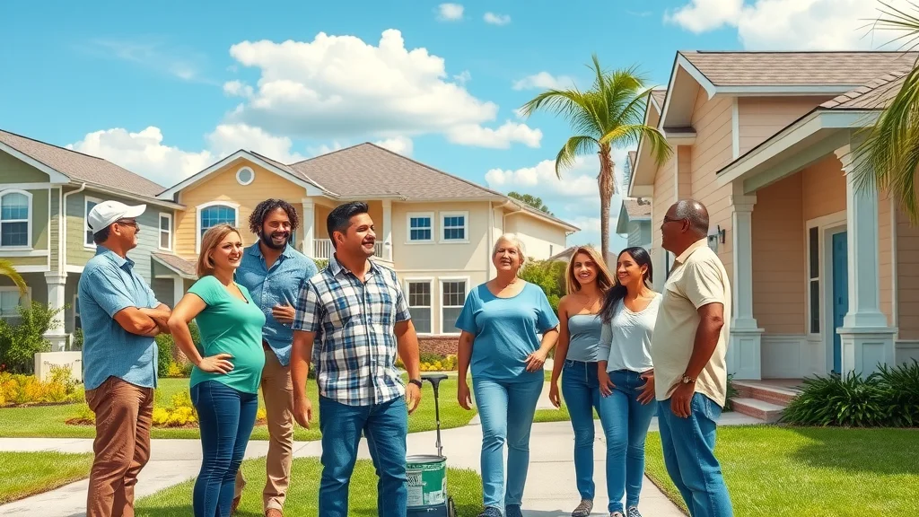 Vibrant residential street in Eustis, Florida, with freshly painted homes. Homeowners discuss with a painting company. Photorealistic, high texture detail, cheerful color palette.