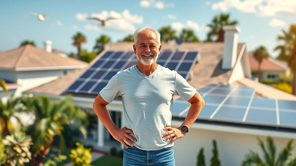 Modern Eustis home with solar panels, homeowner with pride - solar power systems Eustis, cheerful, lush landscaping, natural sunshine, birds in flight