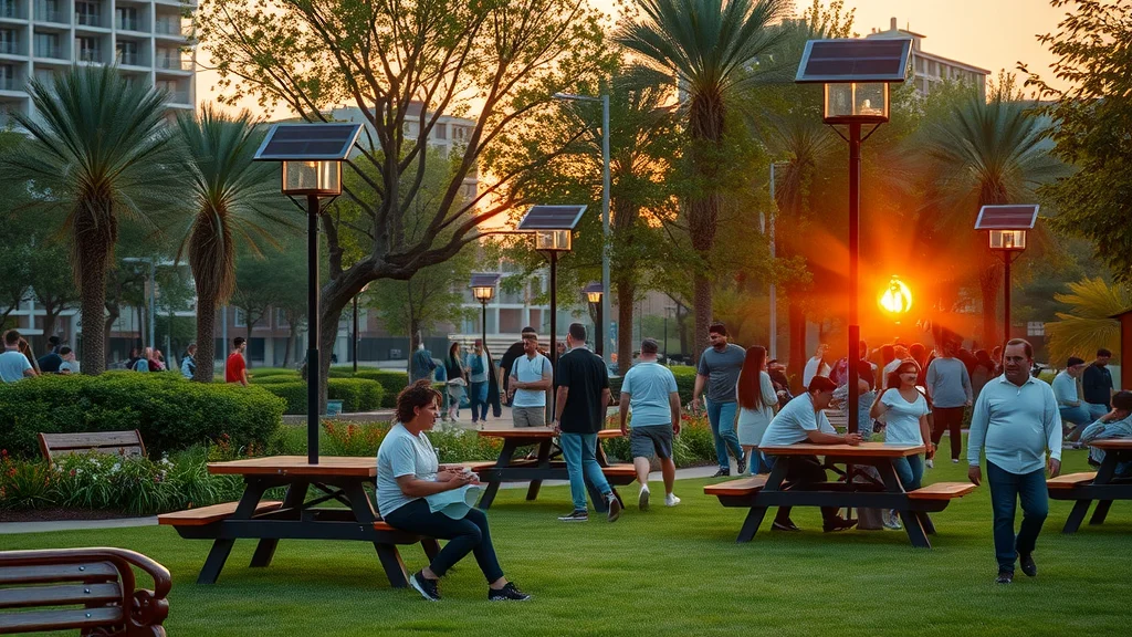Public park at sunset illuminated by solar-powered lamps, showing community residents benefitting from renewable energy lighting solutions in a green space.
