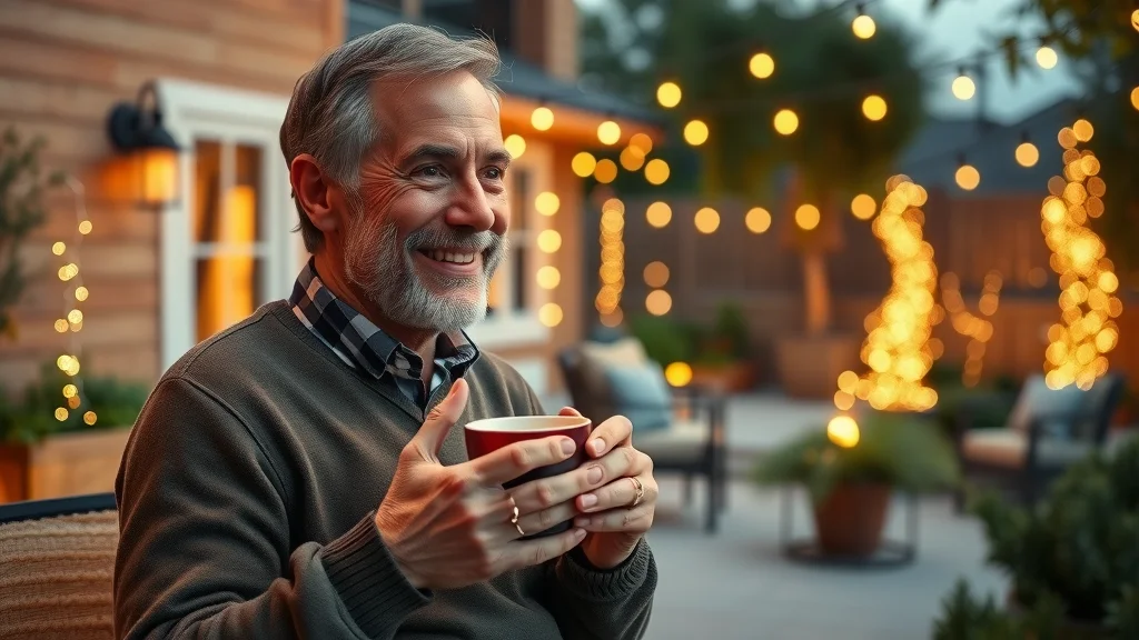 Satisfied homeowner reviewing their bright, energy-efficient outdoor lighting from a patio, content facial expression, holding a warm beverage, illuminated garden, glowing LED lights, cozy outdoor decor, dusk, photorealistic, 50mm portrait lens.