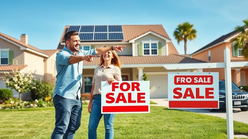 Family home in Eustis with solar panels and for sale sign - solar power systems Eustis, happy couple, real estate agent, blue sky