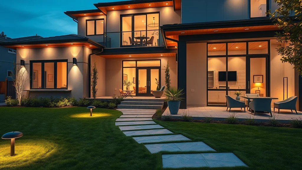 stylish modern home exterior with solar landscape lighting and string lights, illuminating walkway, patio area, and layered plantings at twilight