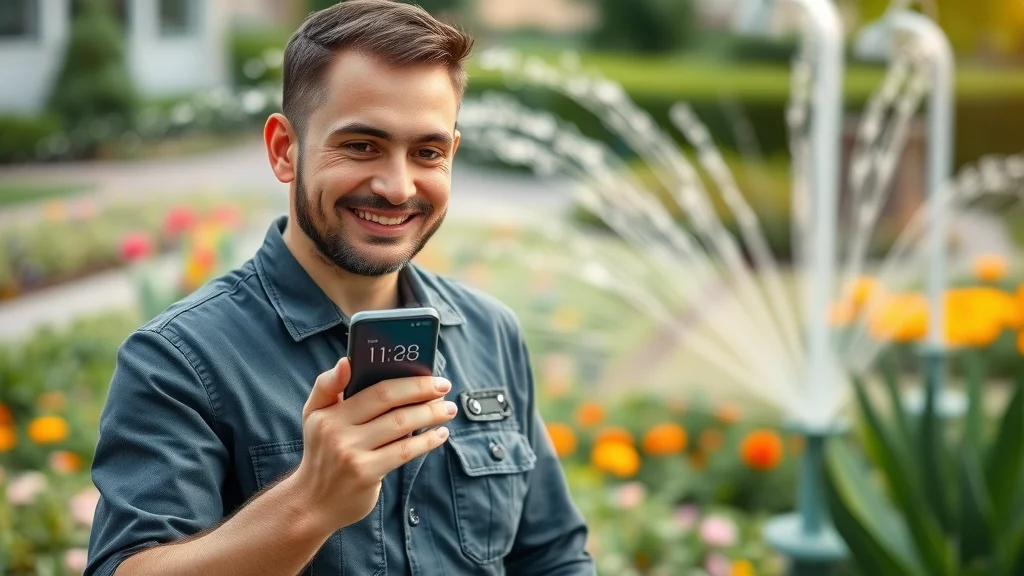 Modern sprinkler system app demonstration by Eustis installer, showing smart irrigation timer on smartphone, water spraying nearby in landscaped flower bed