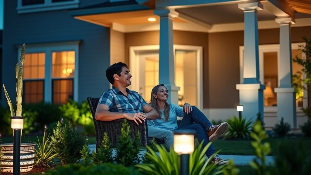 Modern home exterior at night, solar landscape lights Eustis, happy couple on porch, illuminated walkways.