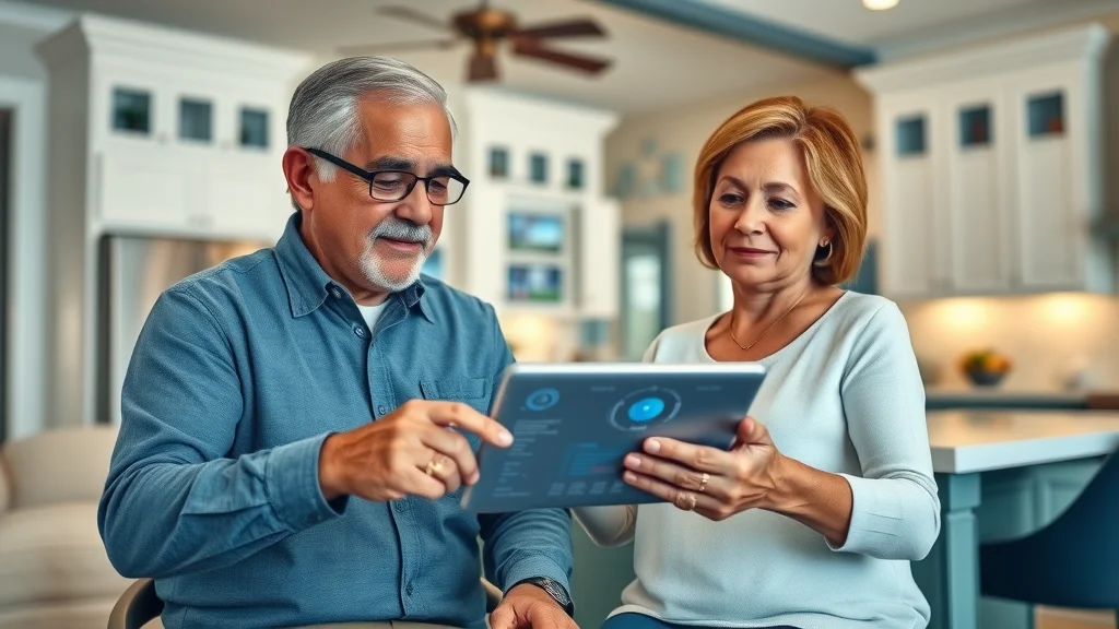 Mature Eustis couple using tablet to monitor eustis smart home technology security cameras, calm and confident