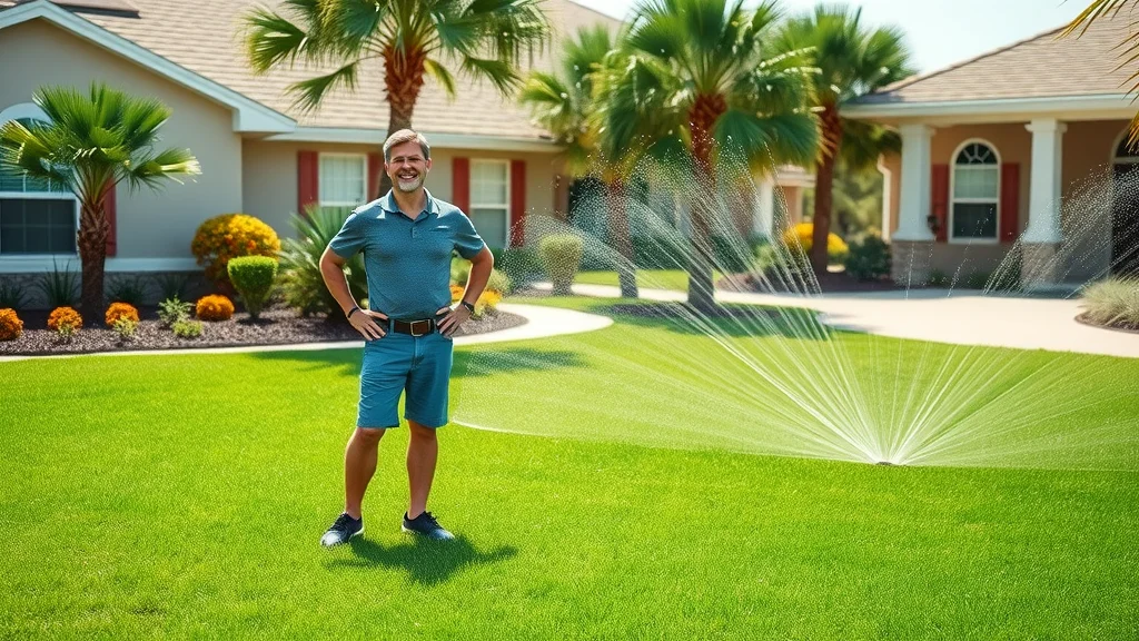 Sprinkler installation Eustis FL - cheerful homeowner with lush green lawn and active sprinkler system in front yard under bright sun