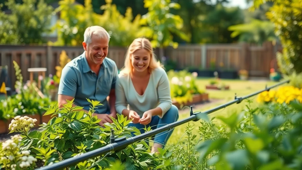 Inviting suburban backyard with efficient irrigation lines and lush garden demonstrating water-efficient irrigation solutions