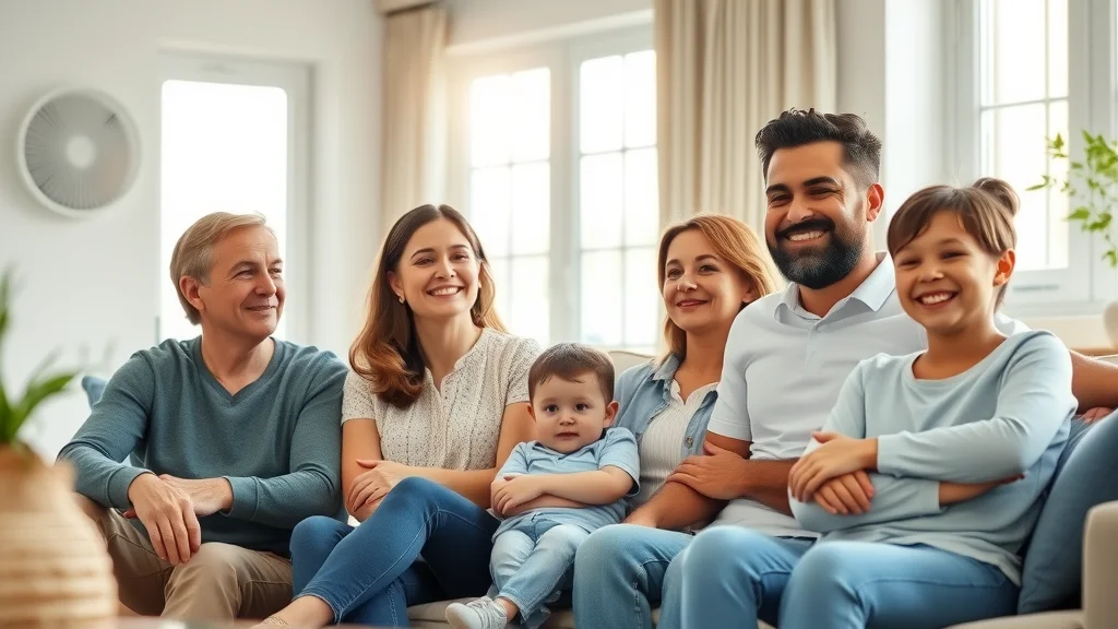 Bright, welcoming modern family living room with visible air vents and happy family, highlighting the comfort from professional vent cleaning services
