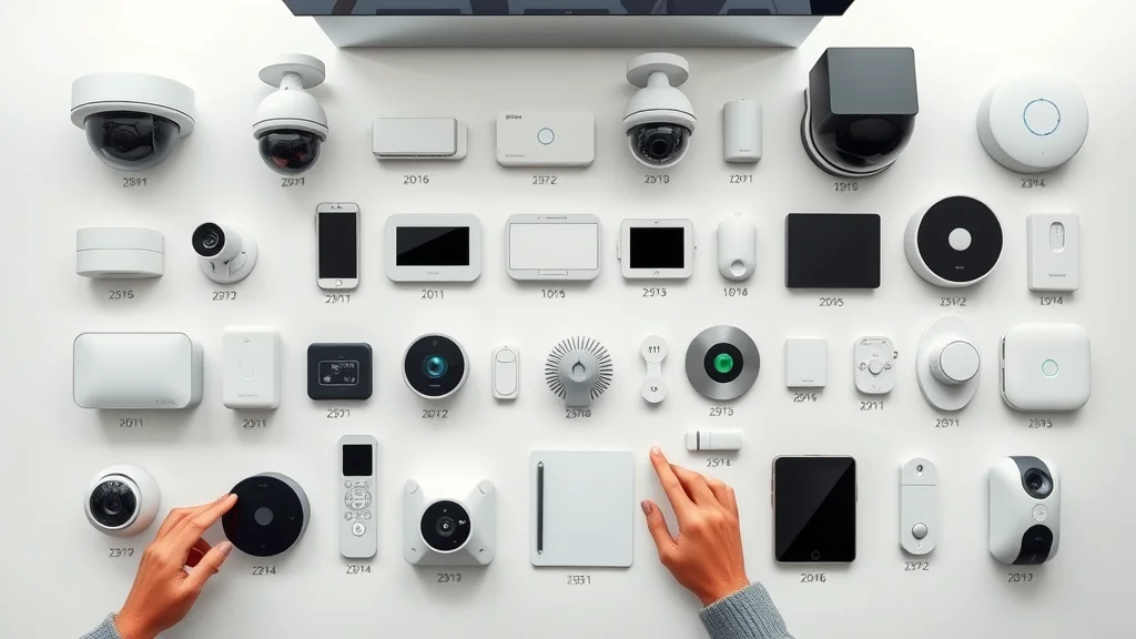 Infographic of smart security devices and price ranges for home automation integration Eustis — array of modern security cameras, thermostats, and sensors, photorealistic detail, no people.