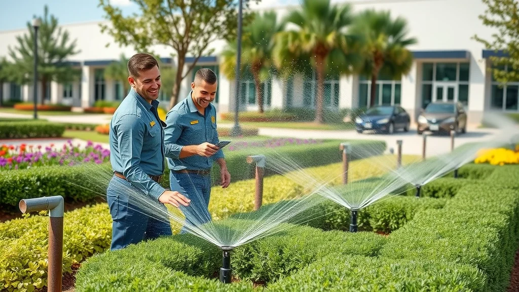 Commercial landscape in Eustis FL with professional sprinkler repair technician, pop-up sprinkler in action, healthy flowerbeds, photorealistic, no disfigured features