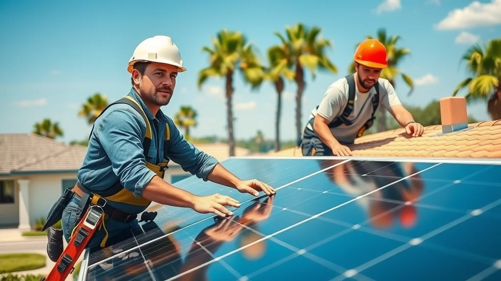Solar installers fitting photovoltaic panels on an Eustis home rooftop, using safety gear under clear skies.