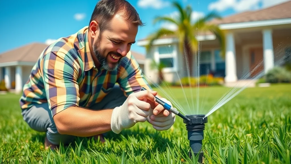 Florida homeowner performing sprinkler system inspection, kneeling by a sprinkler head. Sprinkler repair and maintenance Florida.