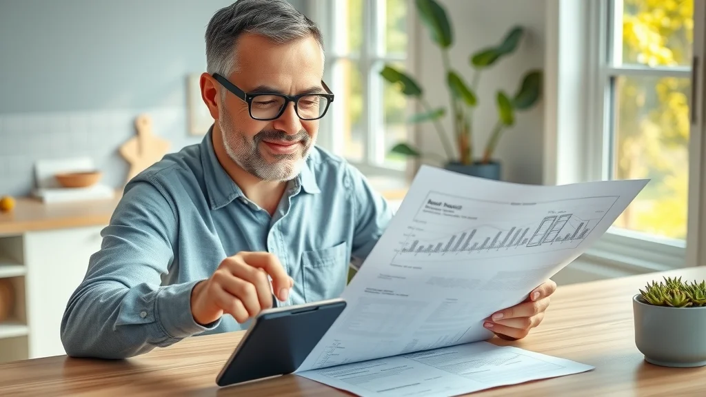 Satisfied homeowner reviewing household bills and air duct cleaning charts at kitchen table in Eustis, FL home