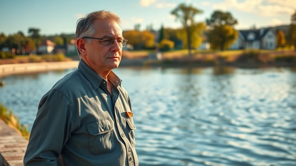 Modern city water reservoir supervised by water manager highlighting local water conservation from efficient irrigation systems