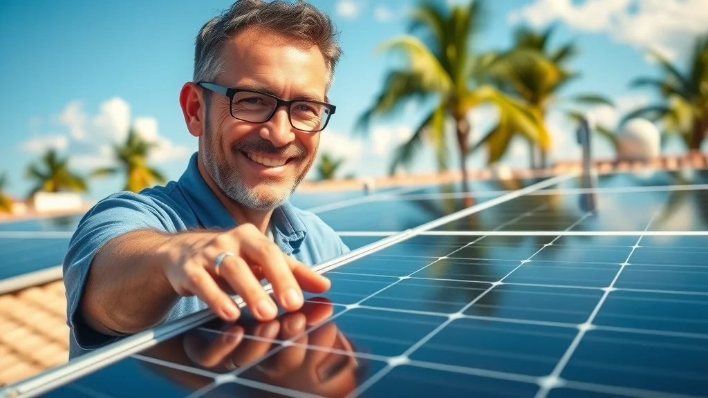 Close-up of clean, well-maintained solar panels, content homeowner - solar power systems Eustis, palm trees, blue sky backdrop