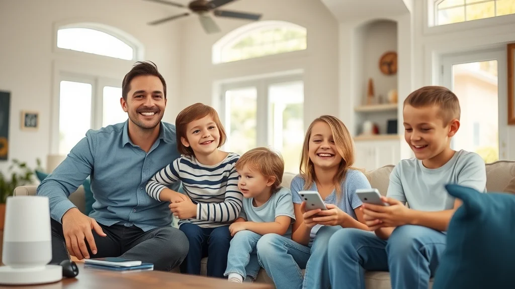 Modern family in a living room using eustis smart home technology devices, including smart thermostats and smart locks, in Eustis, FL, sunlit and comfortable