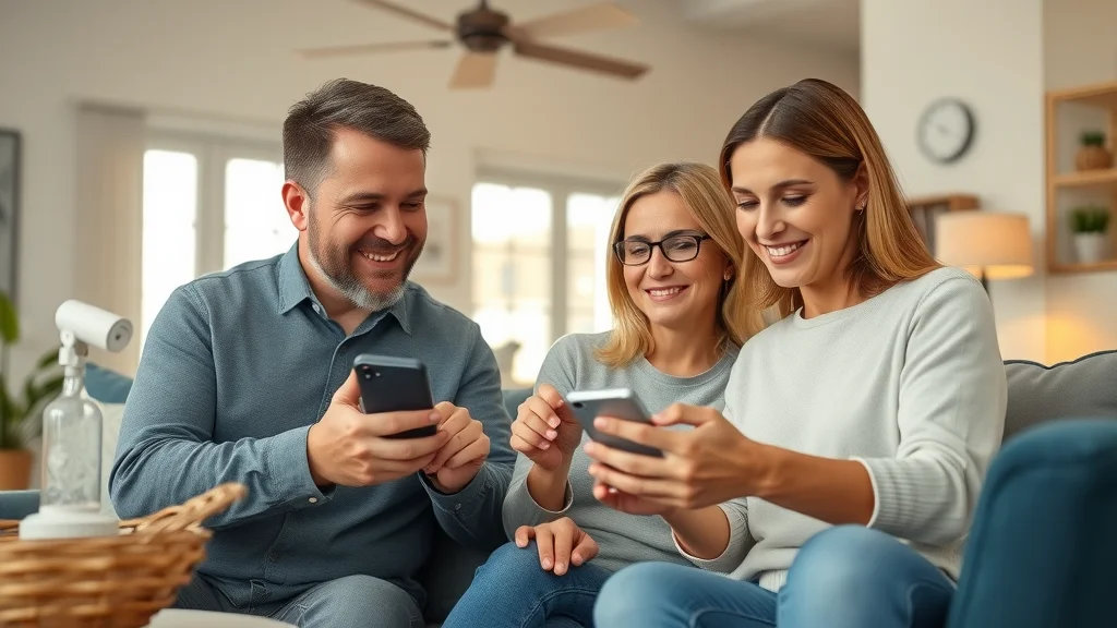 Modern suburban Eustis family home with residents using a smartphone to sync smart home system compatibility eustis features: security cameras, lighting, and control panels in a sunlit, cozy living room