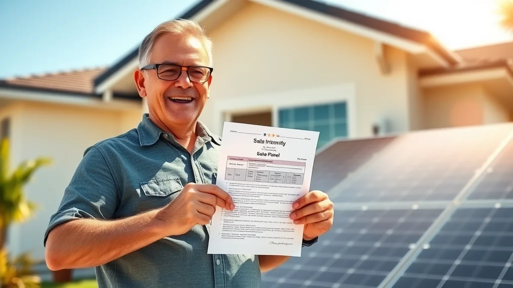 Eustis homeowner with tax incentive letter, celebrating next to rooftop photovoltaic solar panels in bright afternoon sunshine.
