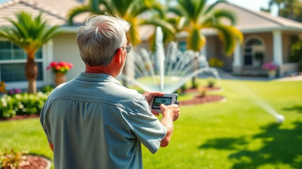 Vibrant suburban Florida home landscape with homeowner using irrigation systems Eustis Florida, adjusting a high-tech control panel in a lush green yard