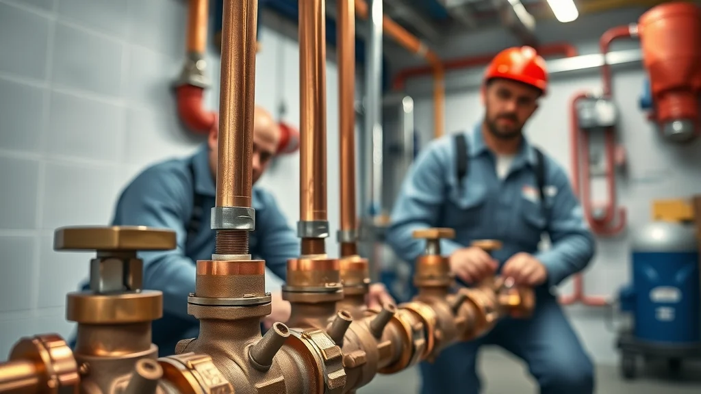 Close-up of residential fire sprinkler system parts: copper pipes, red control valves, and two professional installers in background, residential utility setting.