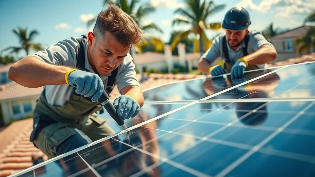 Technicians performing solar panel installation on a Florida roof - solar power systems Eustis, efficient process, palm trees