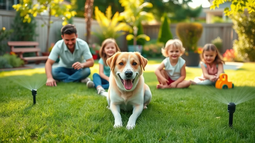 Integrated pest control and irrigation in Eustis - happy family and dog playing on a green lawn with sprinkler heads and subtle treatment markers