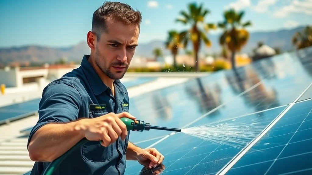 Professional cleaner maintaining rooftop solar panels in Eustis, Florida, clean panels with water spray - solar panel maintenance Eustis