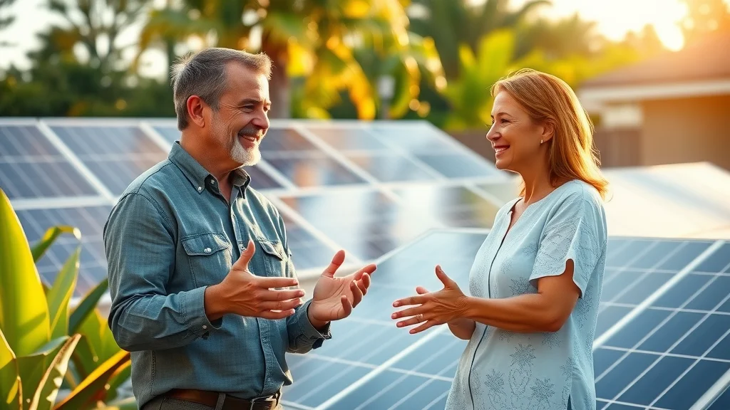 Local solar industry expert talking to Eustis homeowner outside by solar panels, friendly advice - solar company