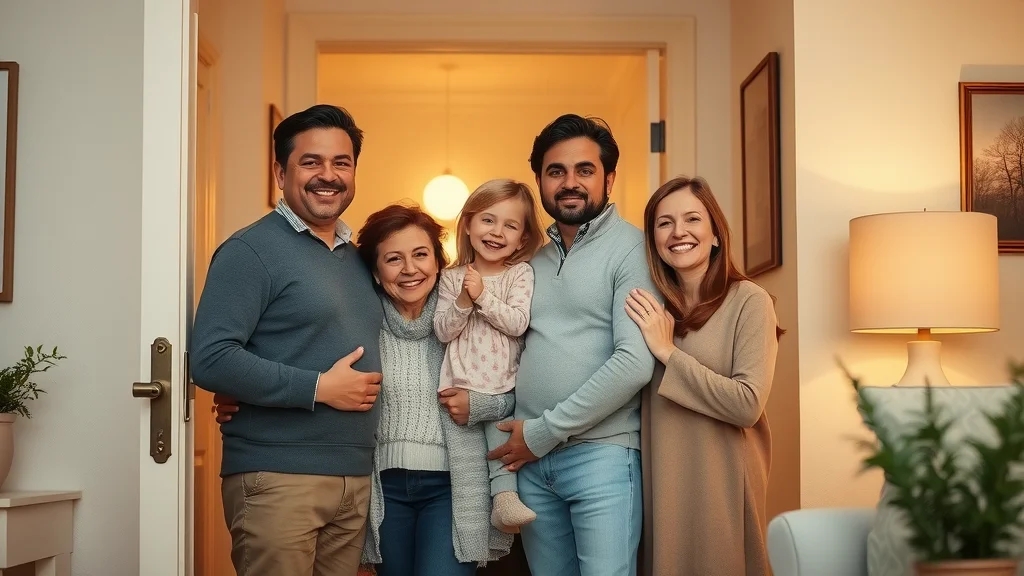 Happy family inside their home after locksmith Eustis FL visit, relieved and grateful near new door lock, photorealistic, warm ambient living room