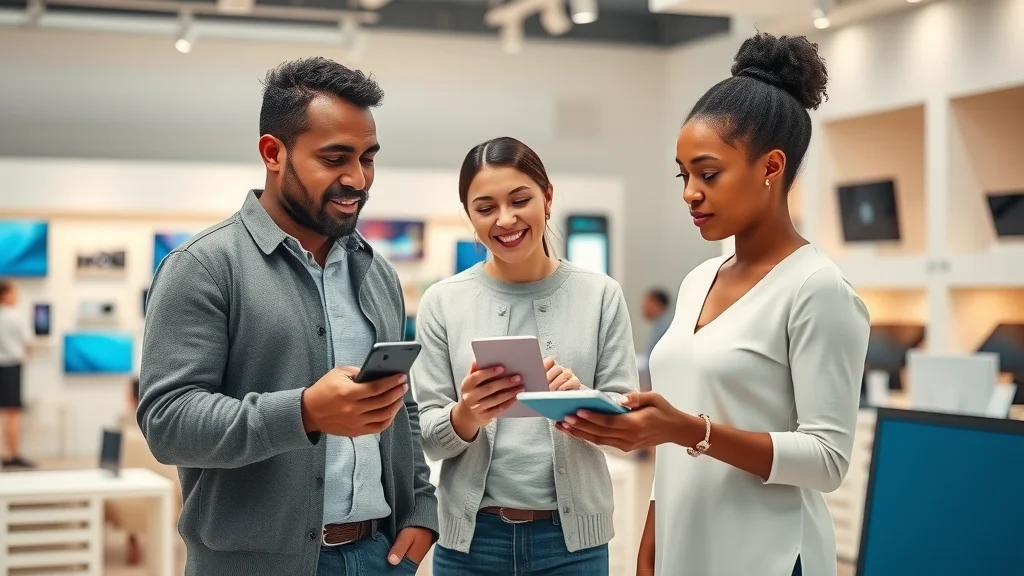 Diverse Eustis couple comparing smart home hub devices with a store employee in a modern electronics showroom, showcasing hands-on smart home product demos and local support