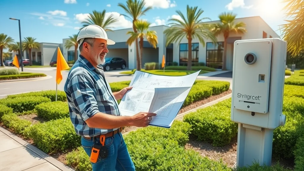 Commercial irrigation systems Eustis Florida blueprint review next to smart sprinkler panel, landscape architect, manicured grounds