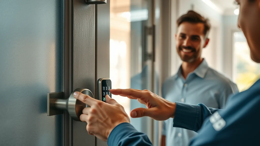 Closeup of smart door lock being programmed by locksmith Eustis FL, satisfied owner looking on in upscale foyer, photorealistic, cool metallic tones