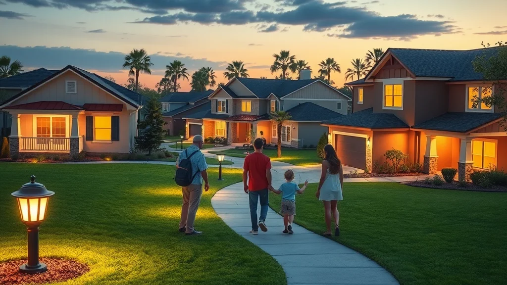 solar-powered lighting Eustis vibrant neighborhood at dusk with glowing solar-powered landscape lighting, Central Florida setting, families admiring gardens, LED pathway lights, and solar panels on garden fixtures
