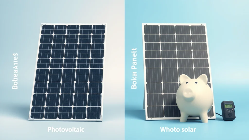 Side-by-side comparison of photovoltaic vs standard solar panels, clean product view, textural differences and wiring details, ROI props like piggy bank or energy meter, hyper-real clarity, blue and orange palette, studio lighting.
