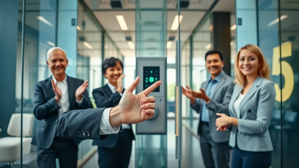 Commercial locksmith Eustis smart lock installation on modern office entrance, business professionals satisfied with security upgrade